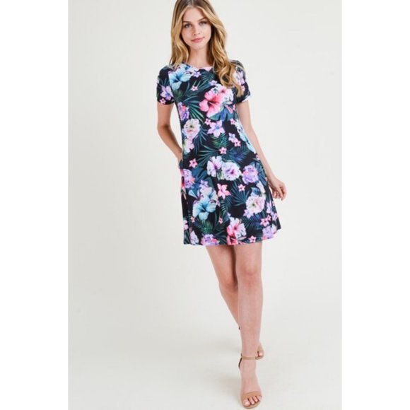 Women's Tropical Floral Print Fit Flare Dress BLK - Picture 7 of 7